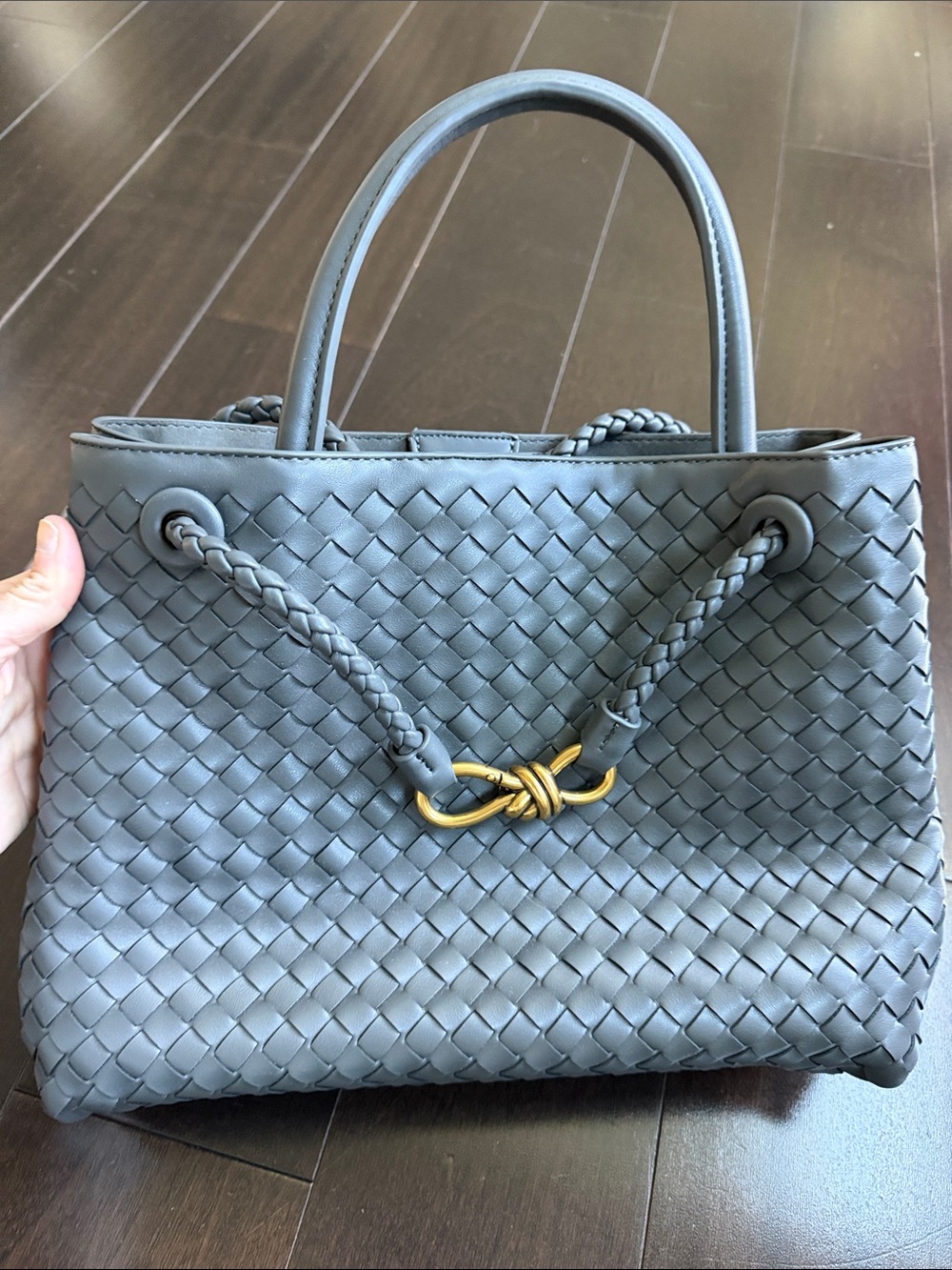 Amazon Woven Leather Tote in Slate Gray with Gold Closure